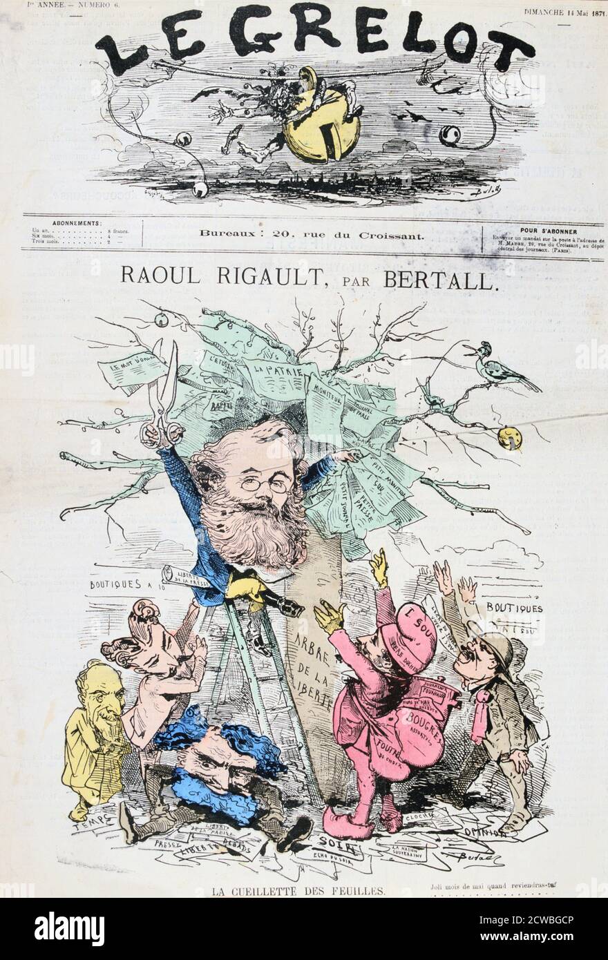 Caricatura di Raoul Rigault da bertall, 14 maggio 1871. Rigault era uno dei leader della comune di Parigi. Fu ucciso il 24 maggio 1871 da truppe governative mandate a sopprimere la comune. Da le Grelot. Foto Stock