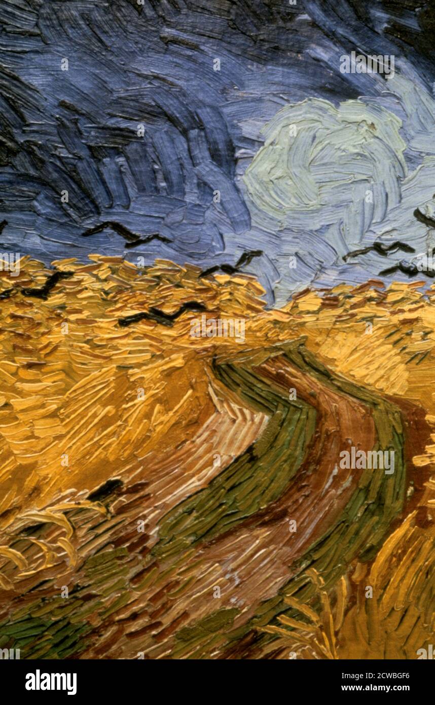 Wheatfield con Crows' di Vincent van Gogh, (dettaglio) 1890. In Auvers, Van Gogh dipinse un gran numero di paesaggi con campi di grano, il tutto su insolite tele allungate (50 x 100 cm). Scrisse a Theo due di queste opere: Raffigurano vasti campi di grano distesi sotto cieli arrabbiati, e cercavo deliberatamente di esprimere tristezza e estrema solitudine in loro. Ma queste immagini hanno anche un lato positivo: Sono quasi certo che queste tele illustrano ciò che non posso esprimere a parole, cioè quanto sano e rassicurante trovo la campagna. Dipinta nelle ultime settimane della sua vita. Dal Foto Stock