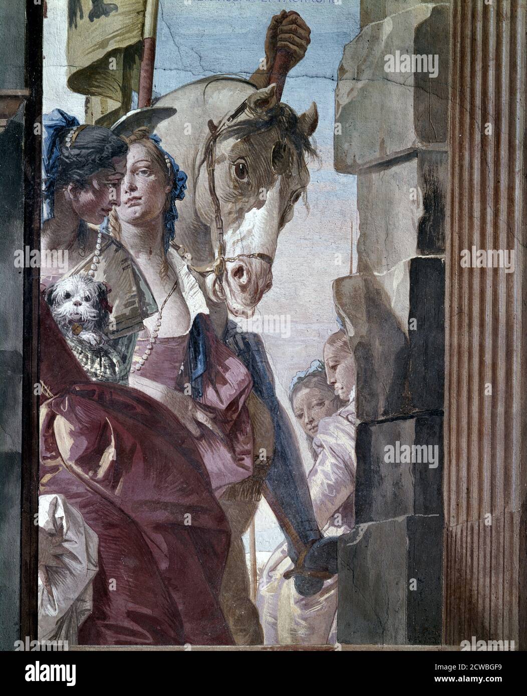 L'Entourage di Cleopatra, di giovanni battista tiepolo 1746-47. Una delle più importanti commissioni di Tiepolo del 1740 fu senza dubbio la decorazione di Palazzo Labia a Venezia. Le scene di Tiepolo, l'incontro di Anthony e Cleopatra e il banchetto di Cleopatra, sono allestite all'interno di un'architettura illusoria, il quadro scenico che le conferiscono un carattere teatrale. Le due servi femminili con il cane sono tipiche figure secondarie, utilizzate più volte da Tiepolo in numerose opere per arricchire l'azione principale. Foto Stock