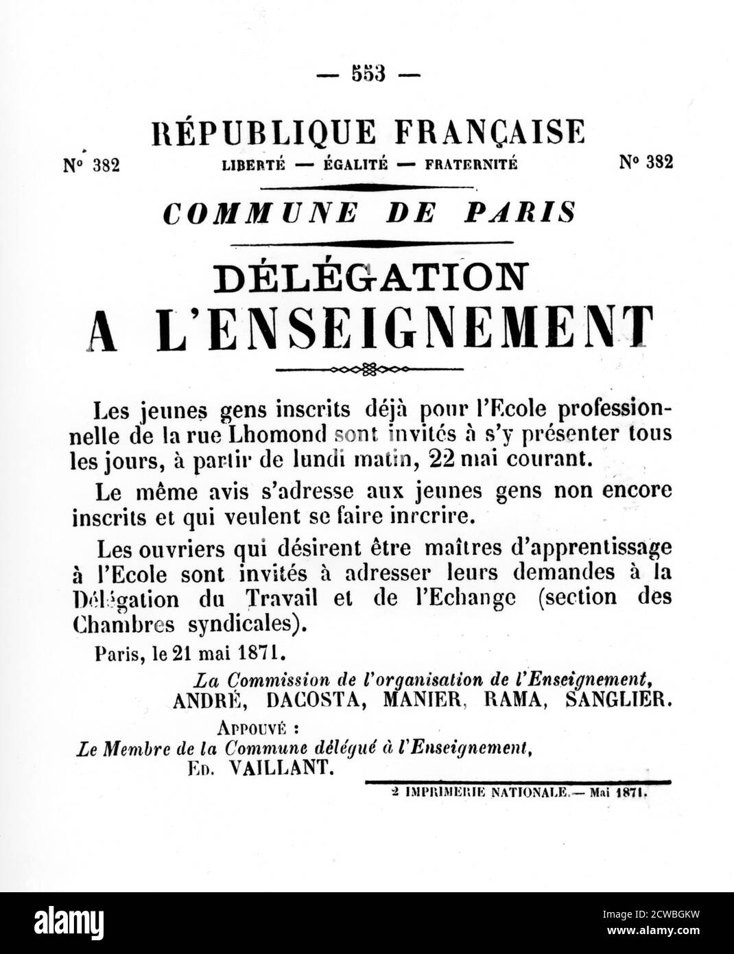 Delegazione a l'enseignement, da manifesti politici francesi della comune di Parigi, maggio 1871. Foto Stock