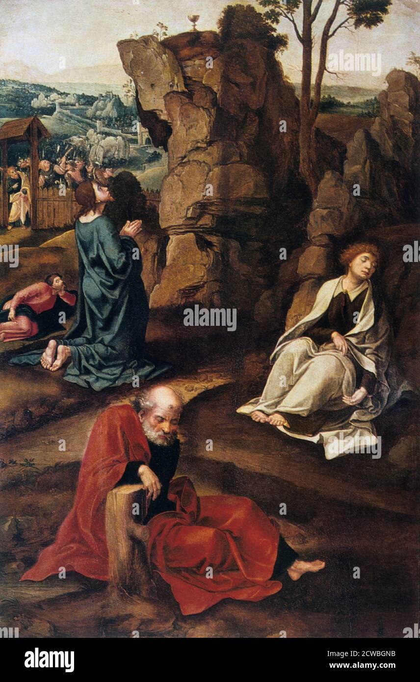 L'agonia nel giardino, di Pieter Coecke van Aelst, 1527-1530. Nel giardino del Getsemani Cristo si inginocchia e alza gli occhi verso il calice che si trova sullo sperone della roccia, che simboleggia il calice del destino. Cristo prega a Dio Padre, travolto dalla paura della sua sofferenza e morte, per alterare il destino che gli è stato posto. A differenza di Cristo, che si trova in uno stato di conflitto interiore tra il lato divino e umano della sua natura, tra spirito e corpo, gli apostoli si sono tutti addormentati velocemente: Pietro si è addormentato contro un ceppo di alberi; a sua destra il giovane Giovanni, nel profondo del sonno; e dietro il CHRI Foto Stock
