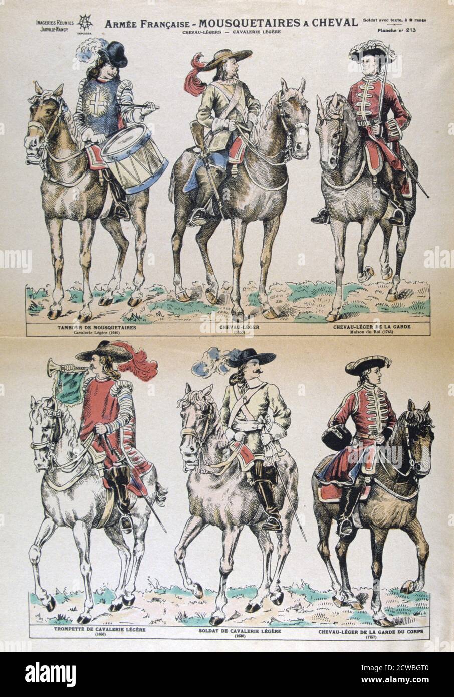 Mousquetaires a cheval del xvii secolo. L esercito francese uniformi. Litografia a colori. Collezione privata. Foto Stock