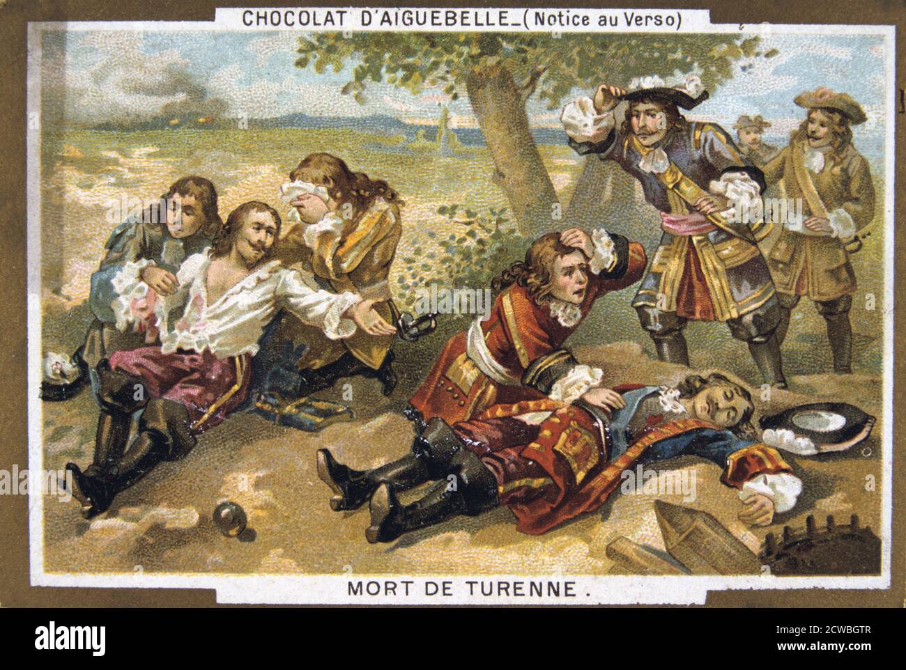 La morte del maresciallo Turenne, 1675, (xix secolo). Henri de La Tour d'Auvergne, Vicomte de Turenne (1611-1675), uno di Francia più grandi leader militari, è stato ucciso nella battaglia di Sasbach in Germania. Scheda prodotto dalla fabbrica di cioccolato presso il monastero trappista di Aiguebelle in Francia. Foto Stock