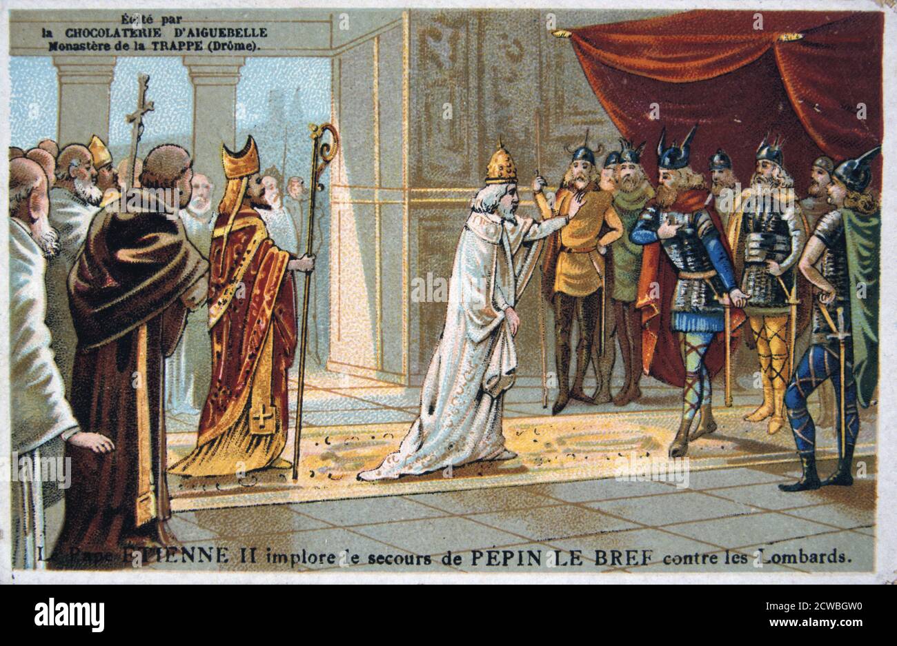 Papa Stefano II supplica per la sicurezza di Pipino il Breve dai Longobardi, c750 AD (XIX secolo). Carta da una serie prodotta dalla fabbrica di cioccolato presso il monastero di aiguebelle. Foto Stock