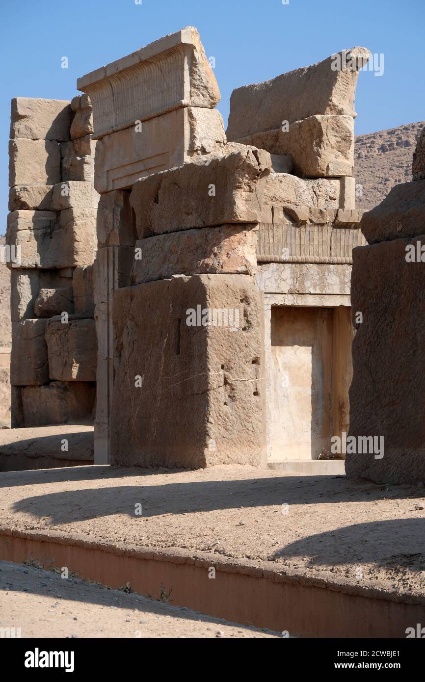Fotografia della Sala del Trono o 'Sala delle cento colonne' a Persepolis, Iran. Costruito dal re Achemenide Artaserse I. Foto Stock