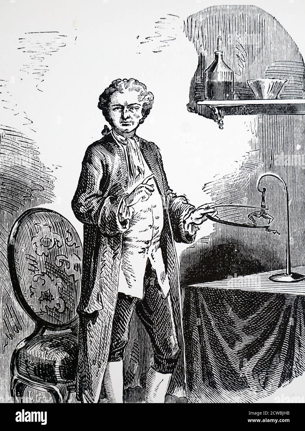 Incisione raffigurante Luigi Galvani (1737- 1798) investigazione del comportamento dei muscoli stimolati dall'elettricità Foto Stock