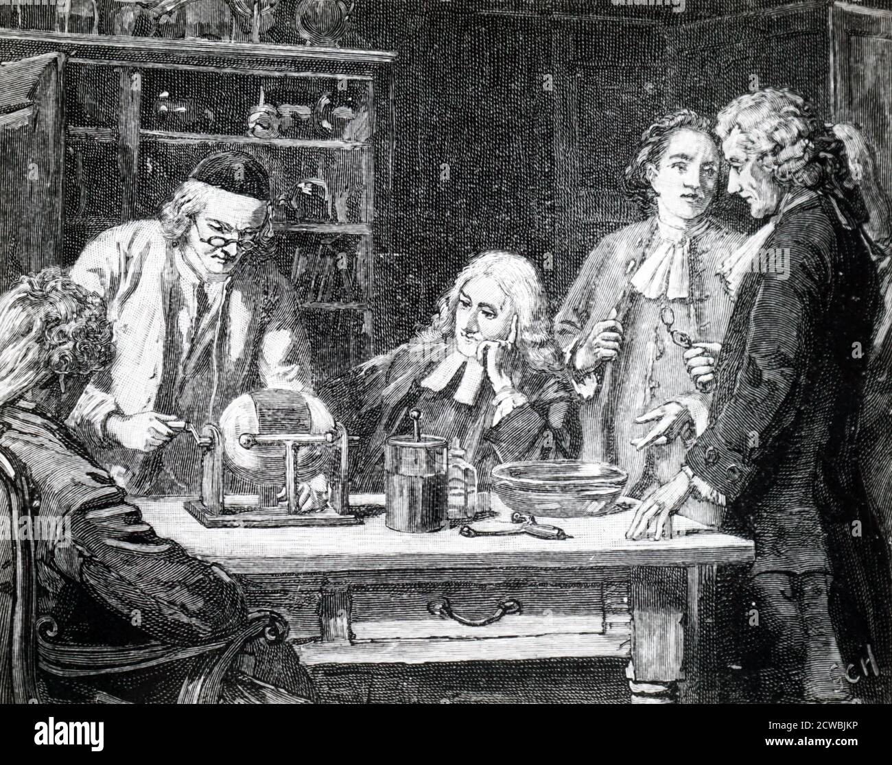 Incisione raffigurante John Wesley (1703-1791) un chierico, teologo ed evangelista inglese, guardando esperimenti elettrici Foto Stock