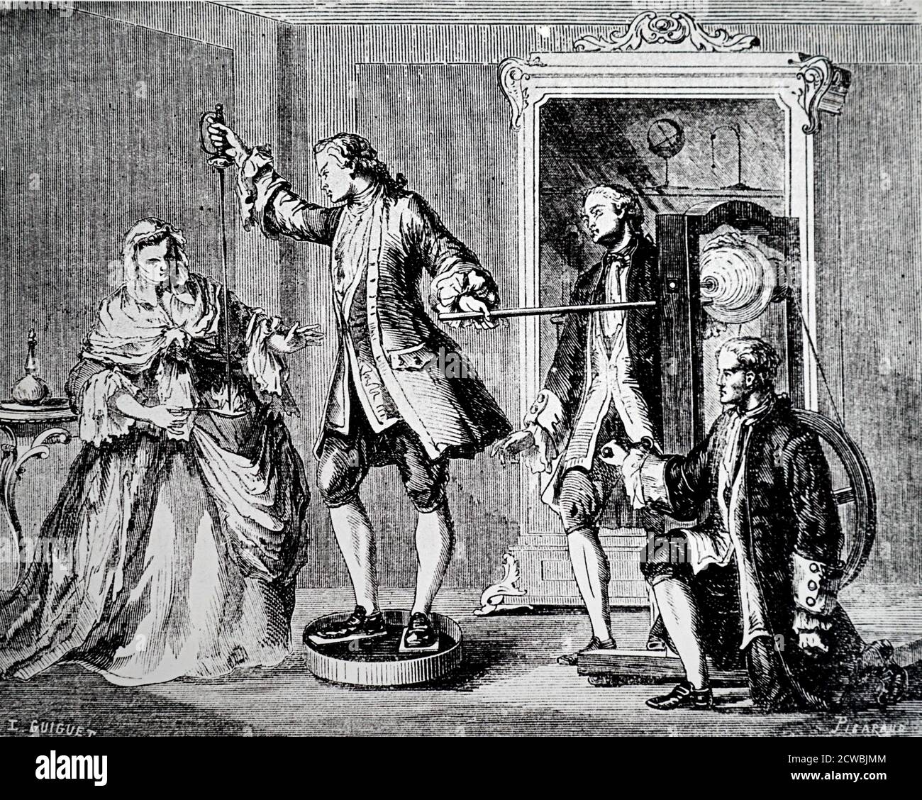 Incisione raffigurante il Dr Ludolph incendiando un cucchiaio di alcool per mezzo di scintille generate dalla carica di una macchina elettrica a globo di vetro. Foto Stock