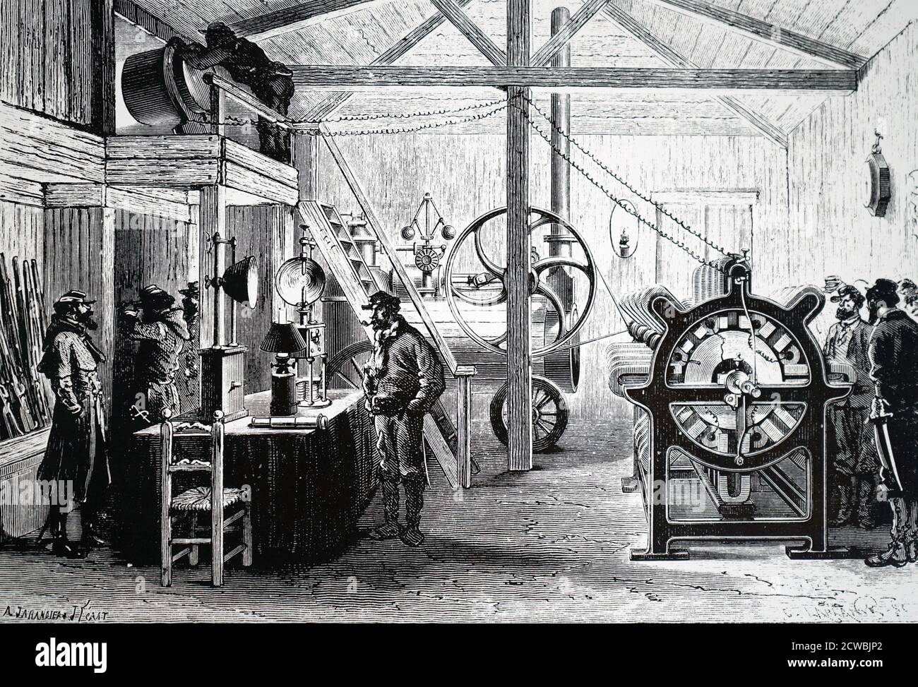 Incisione raffigurante la generazione di luce a Montmartre durante l'assedio di Parigi, utilizzando un motore a vapore come fonte di potenza. Nella parte superiore dell'immagine un proiettore è diretto su un oggetto lontano che è stato osservato dal soldato direttamente sotto. Sul tavolo sono presenti due lampade ad arco di carbonio oltre a una lampada ad olio. Foto Stock