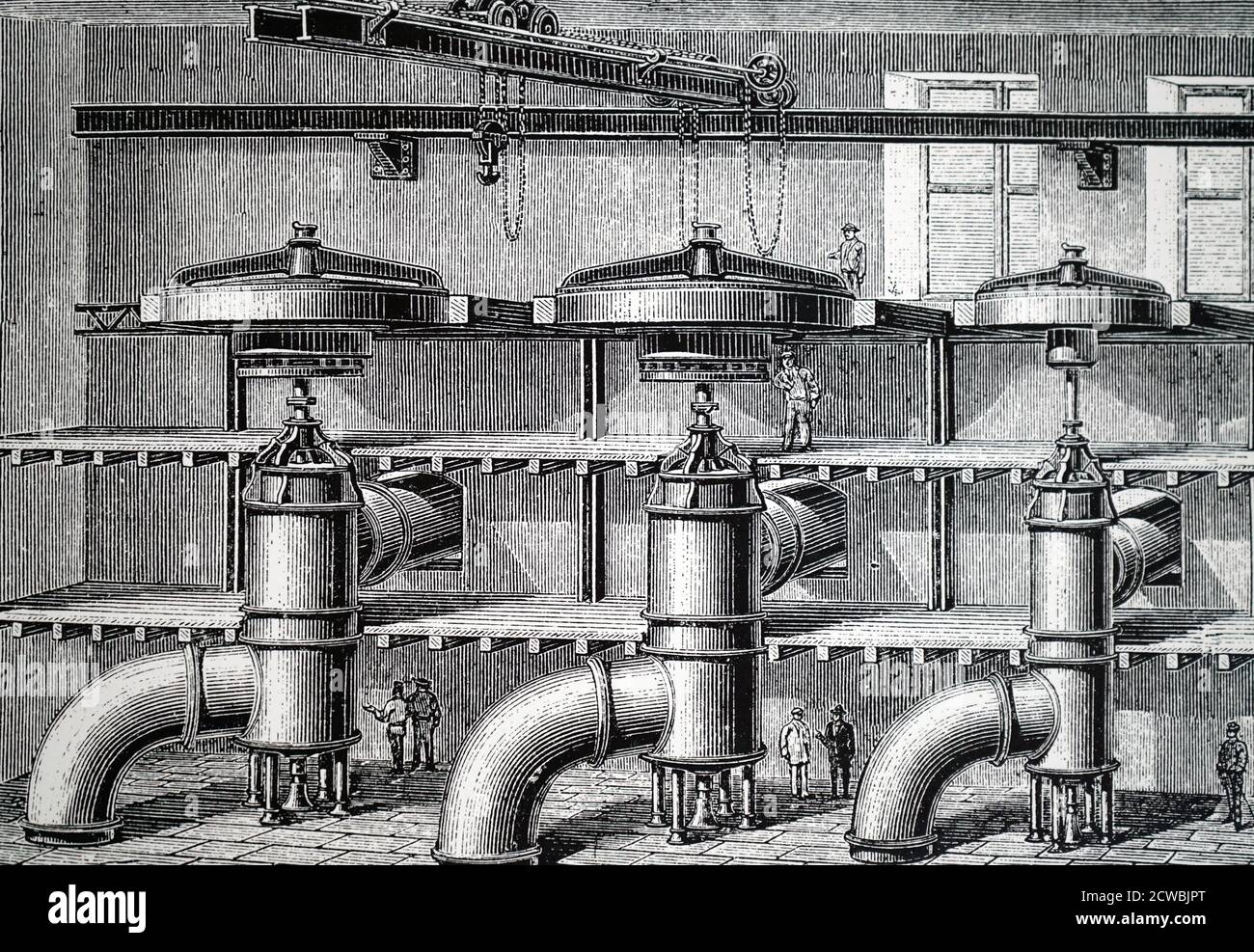 Incisione raffigurante generatori idroelettrici per la produzione della potenza per l'estrazione dell'alluminio mediante il processo di Heroult. Foto Stock