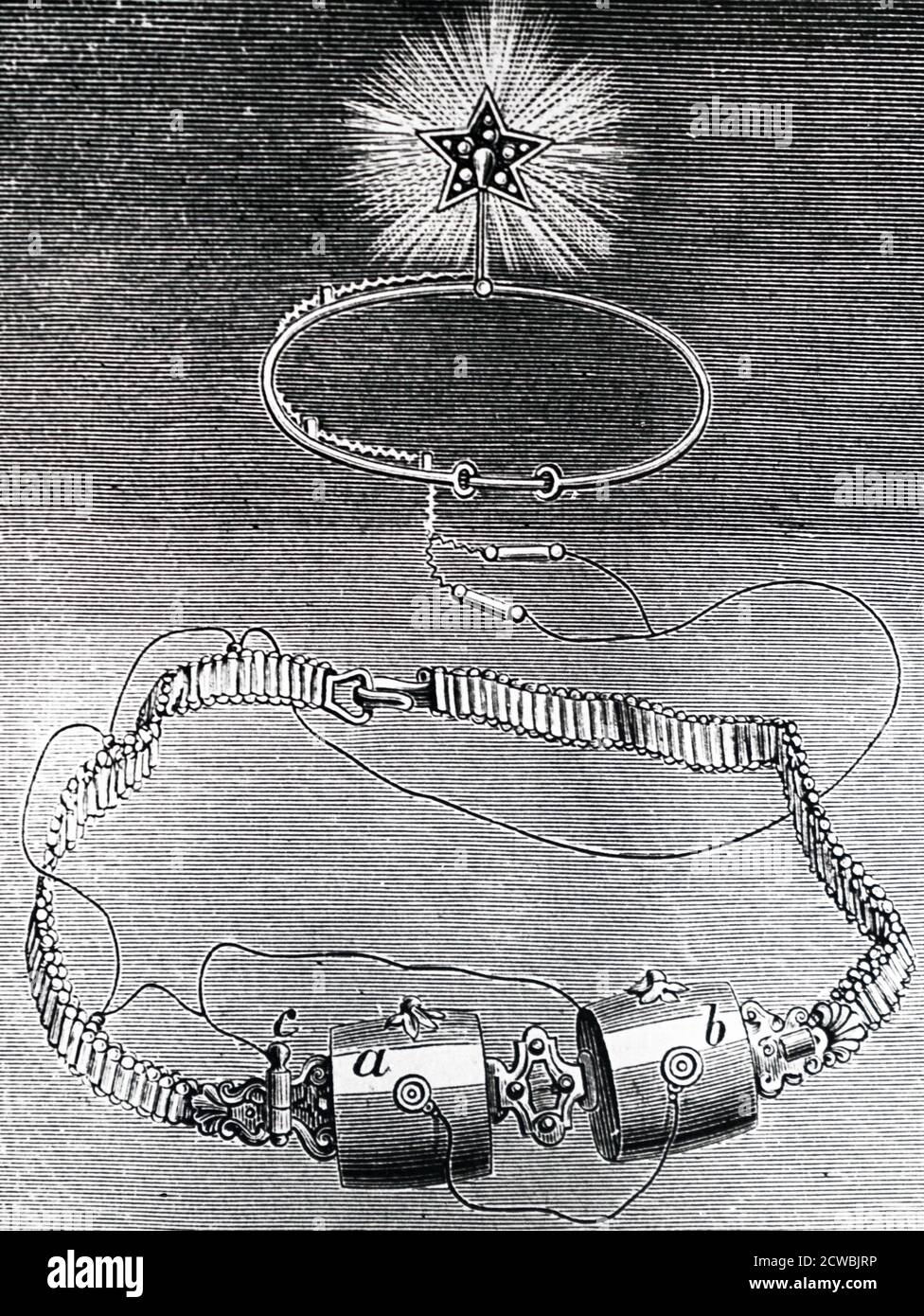 Incisione raffigurante il diadema elettrico di una ballerina (un anello metallico con una stella indossata sulla testa): L'interruttore su c ha permesso al ballerino di accendere e spegnere la luce, dotato di batterie al cloruro d'argento di Scribanow. Progettato da Gustave trouve. Foto Stock