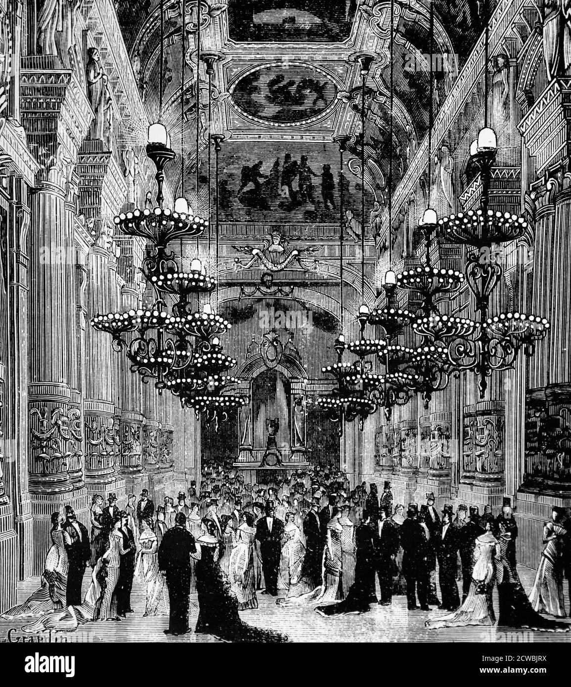 Incisione raffigurante il foyer dell'Opera di Parigi illuminata da lampade Maxim, Edison e Soleil Foto Stock