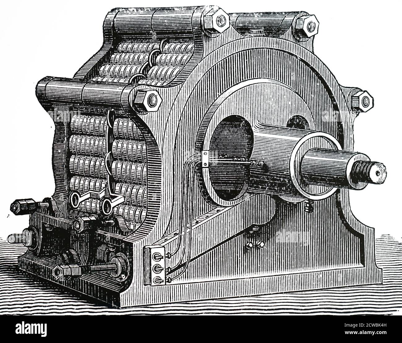 Incisione raffigurante un alternatore monofase Ferranti-Thomson (1884). Sviluppato da William Thomson (Lord Kelvin), S. Z. de Ferranti e Alfred Thomson. Foto Stock