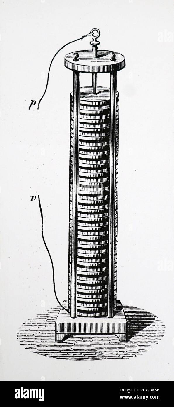 Incisione raffigurante il palo di Alessandro volta: La prima batteria elettrica composta da dischi di zinco, rame, tessuto inumidito con acido, zinco, e così via. Foto Stock