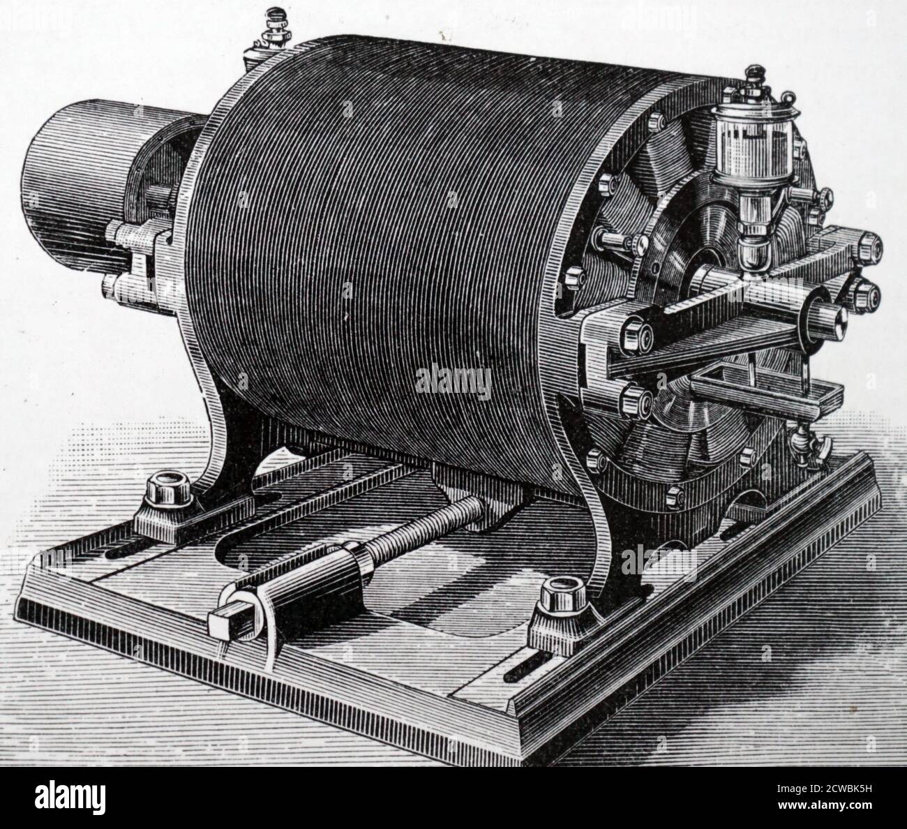 Incisione raffigurante il motore rotativo a induzione Tesla (1885) che ha reso possibile l'aria condizionata e la distribuzione su larga scala dell'elettricità. Cilindro di conduttori a barra circondato da bobine elettromagnetiche. Il motore utilizzava la scoperta dell'induzione elettromagnetica da parte di Faraday (1832). Foto Stock