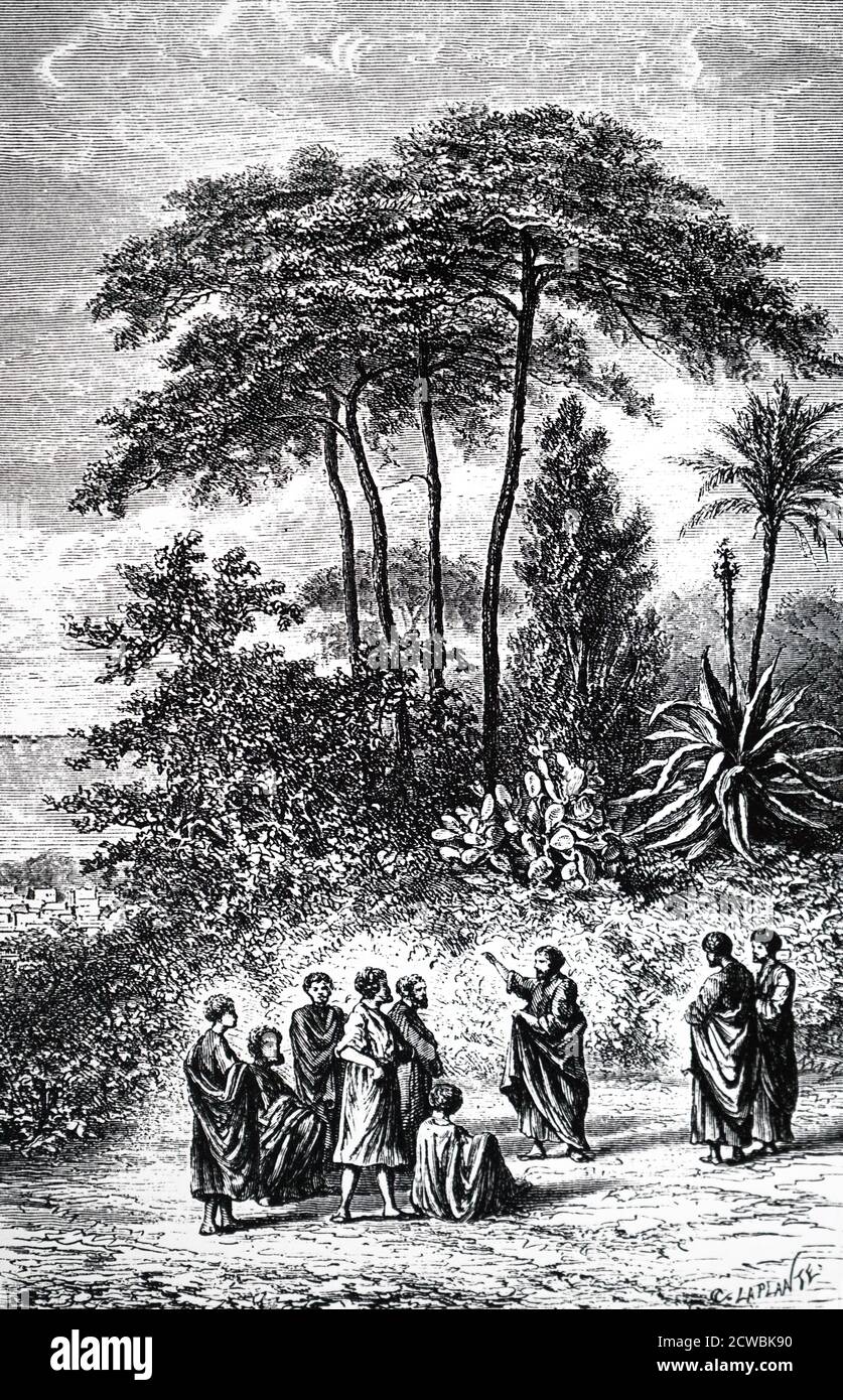 Incisione Pitagora, antico filosofo e matematico greco, che insegna i suoi seguaci alla comunità che fondò a Crotona. Foto Stock