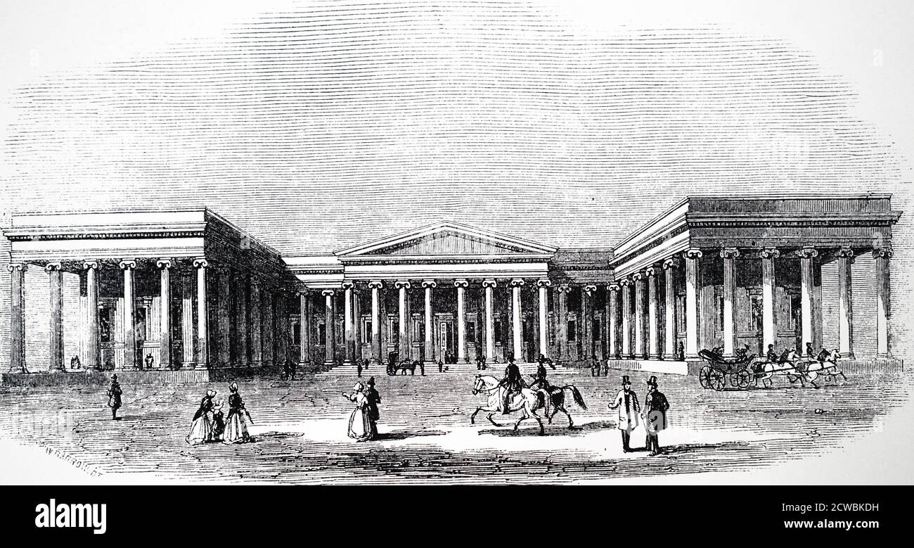 Incisione raffigurante il disegno di Robert Smirke per la nuova facciata del British Museum. Foto Stock
