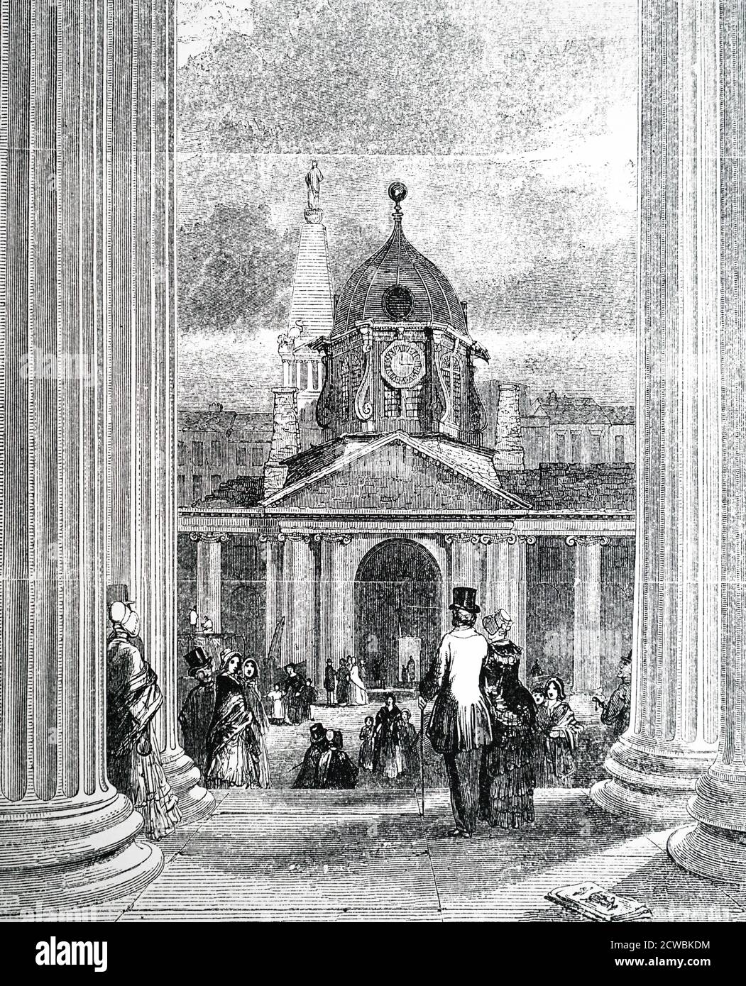 Incisione raffigurante l'ingresso alla Montague House, l'antica casa del British Museum, vista dal portico della nuova facciata di Robert Smirke. Foto Stock