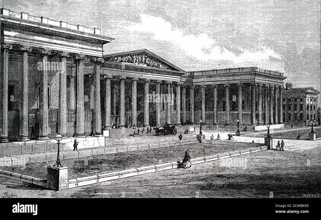 Incisione raffigurante la facciata di Robert Smirke del British Museum. Foto Stock