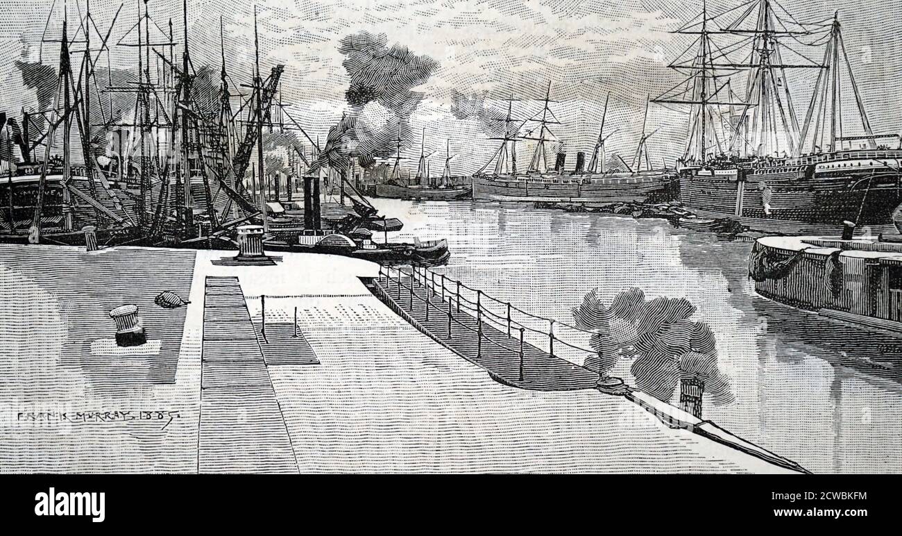 Incisione raffigurante il Royal Albert Docks, Londra. Foto Stock