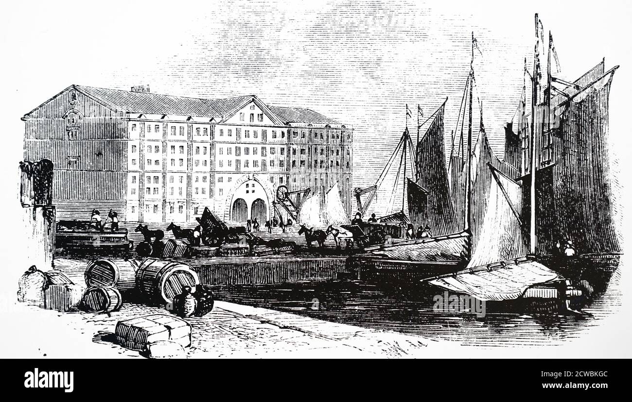 Incisione raffigurante il molo del Duca, Liverpool, scavata da James Brindley. Foto Stock