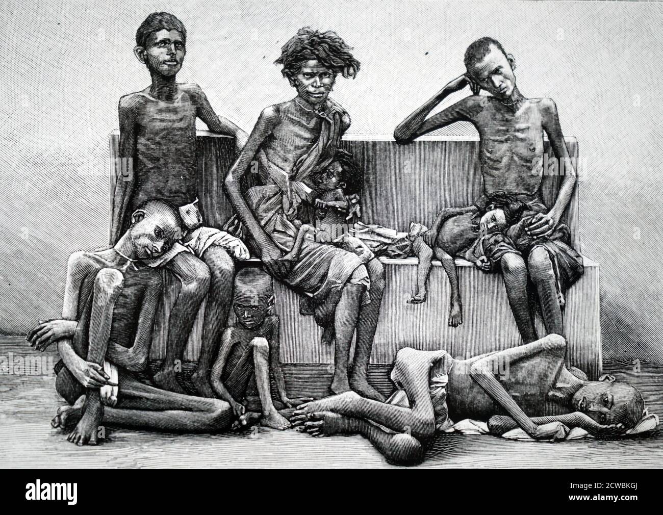 Incisione raffigurante carestia in India: Affamati di persone in un campo di soccorso governativo. Foto Stock