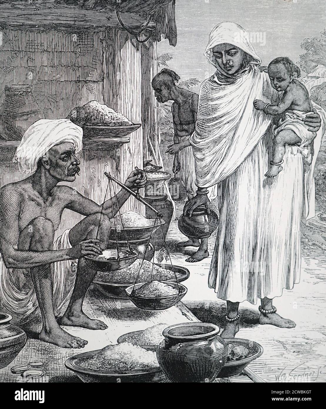 Incisione raffigurante una donna bengalese che acquista grano con carestia in India imminente. Foto Stock