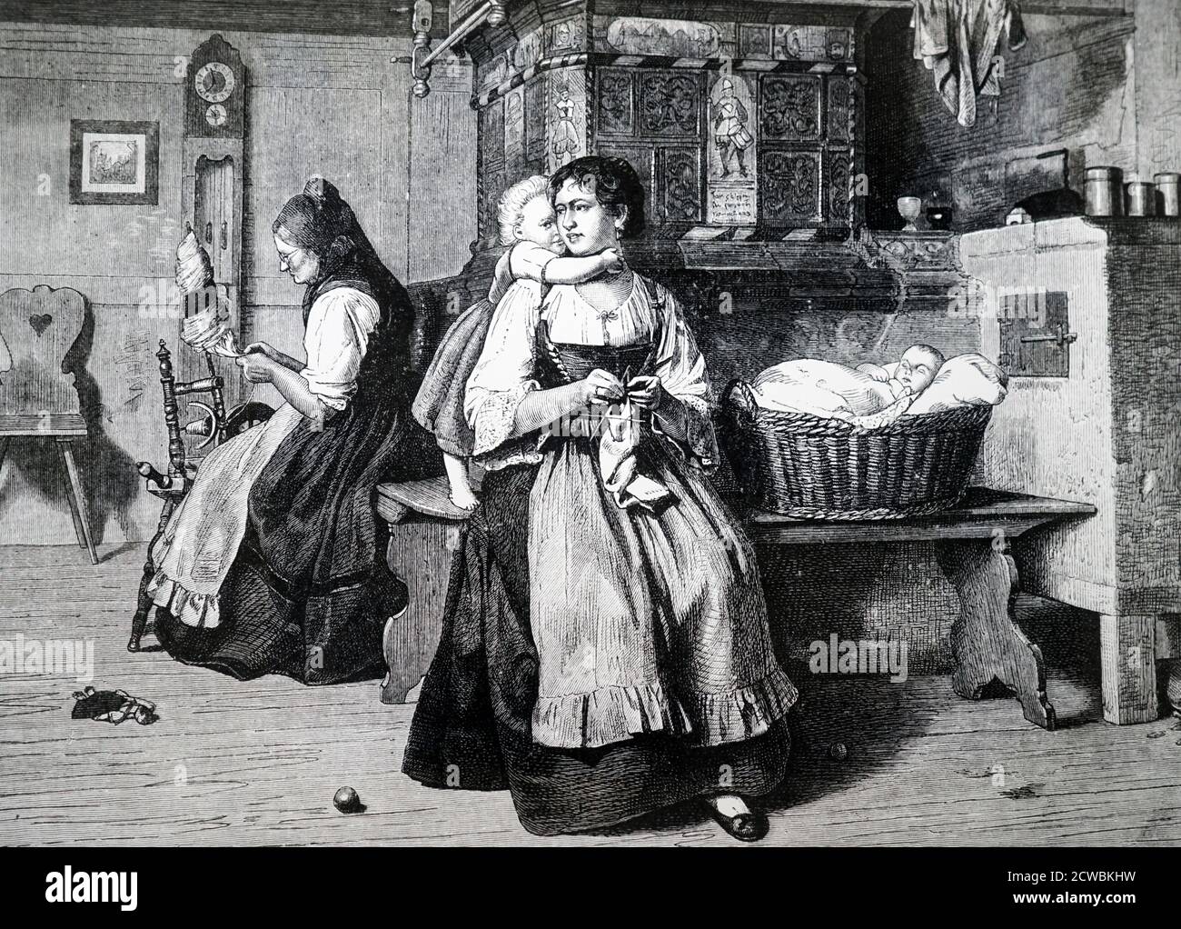 Incisione raffigurante una scena domestica. Le donne sono a maglia (la donna più giovane sta usando un quattro-ago) mentre il bambino dorme in un cesto di vimini. Foto Stock