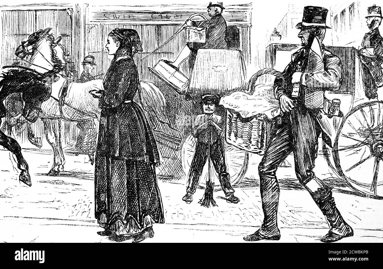 Cartone animato raffigurante un uomo che porta lo shopping del suo datore di lavoro mentre cammina di fronte a lui. Illustrato da George du Maurier. Foto Stock