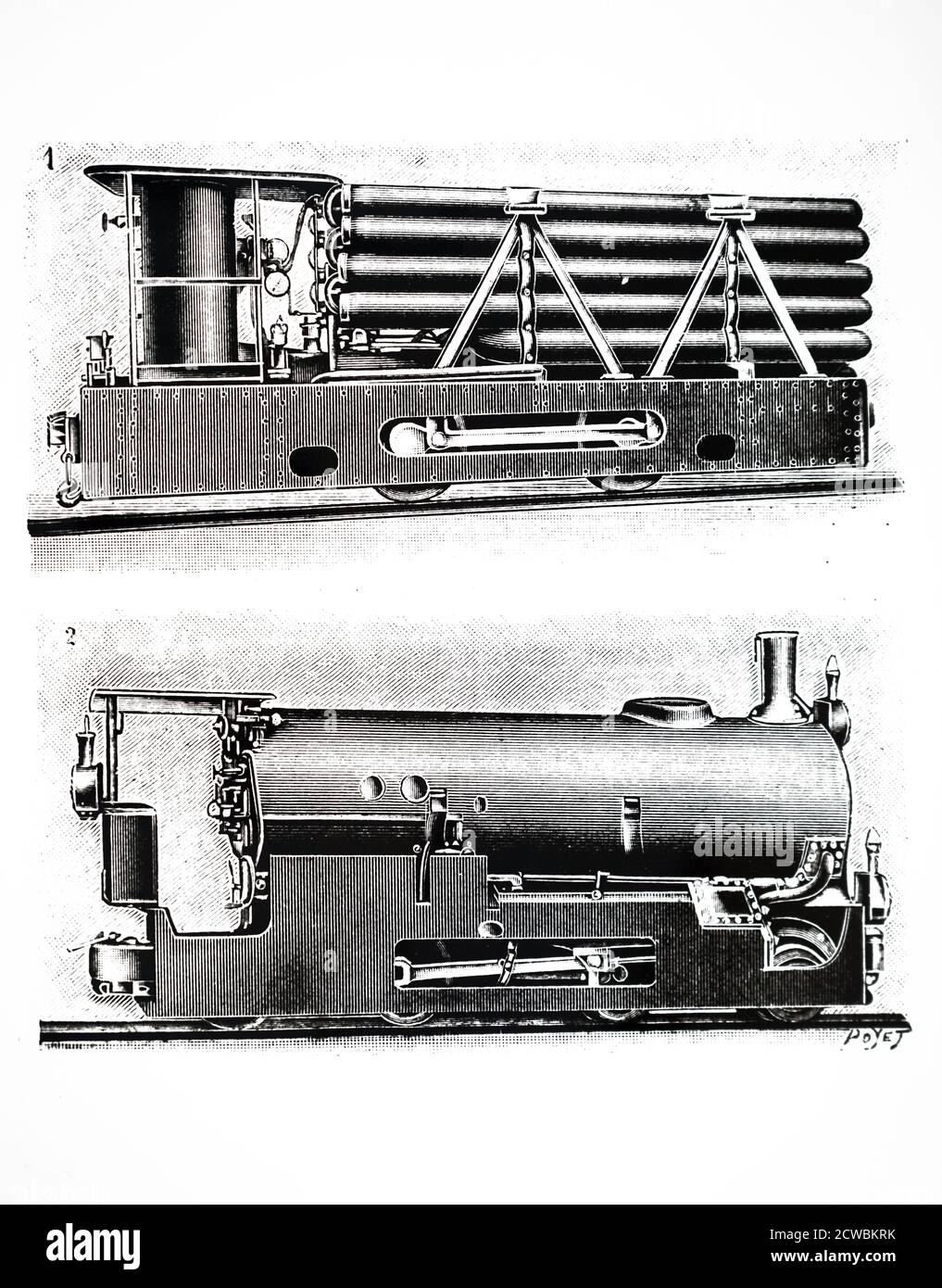 Incisione raffigurante locomotive utilizzate nel tunnel del Sempione. Top: Locomotiva ad aria compressa da utilizzare nelle lavorazioni a tunnel. Fondo: Locomotiva a vapore senza cassetta di fuoco utilizzata su lavorazioni esterne. Foto Stock