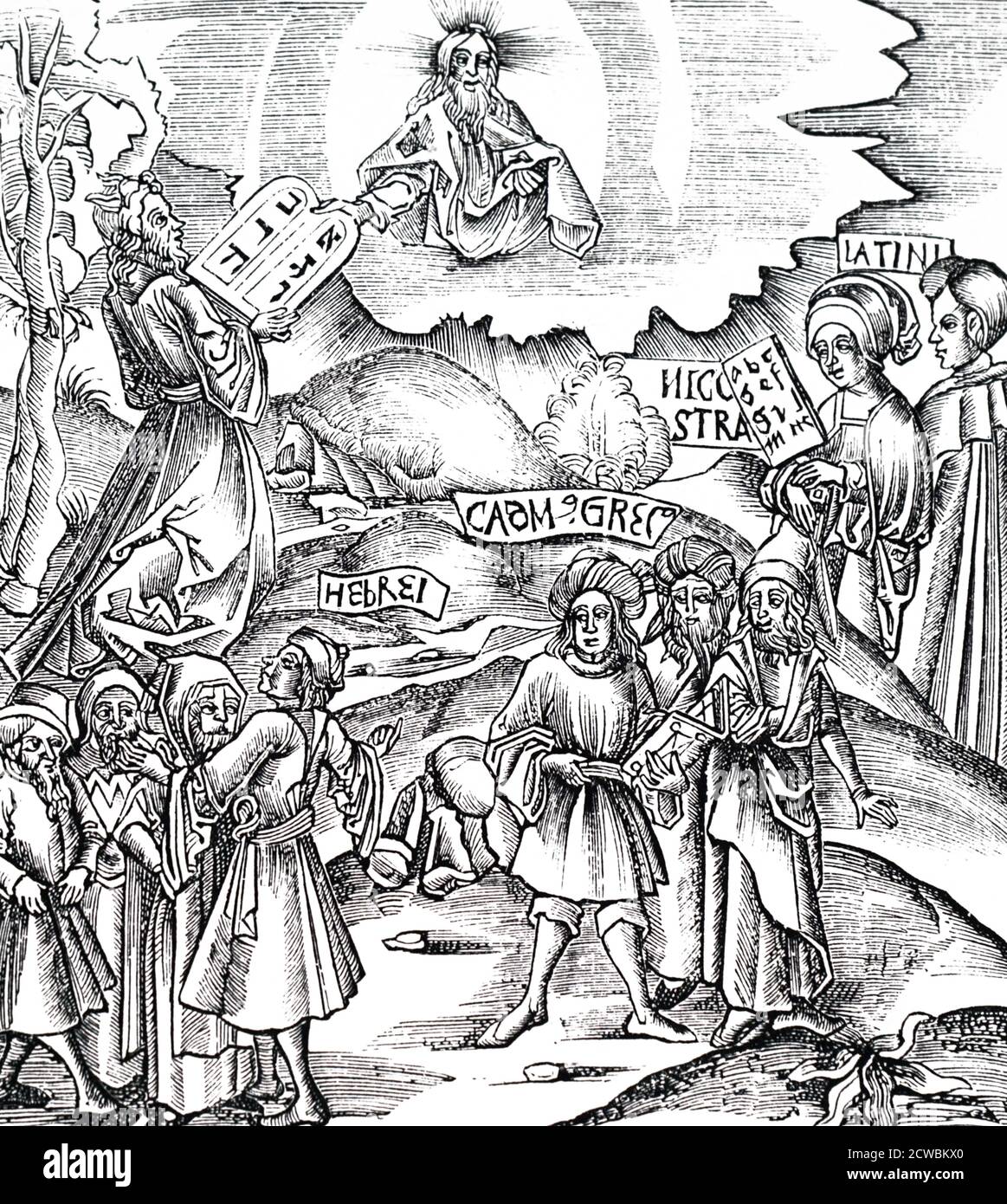 Incisione in legno raffigurante Mosè che riceve le tavole di pietra in ebraico. Foto Stock