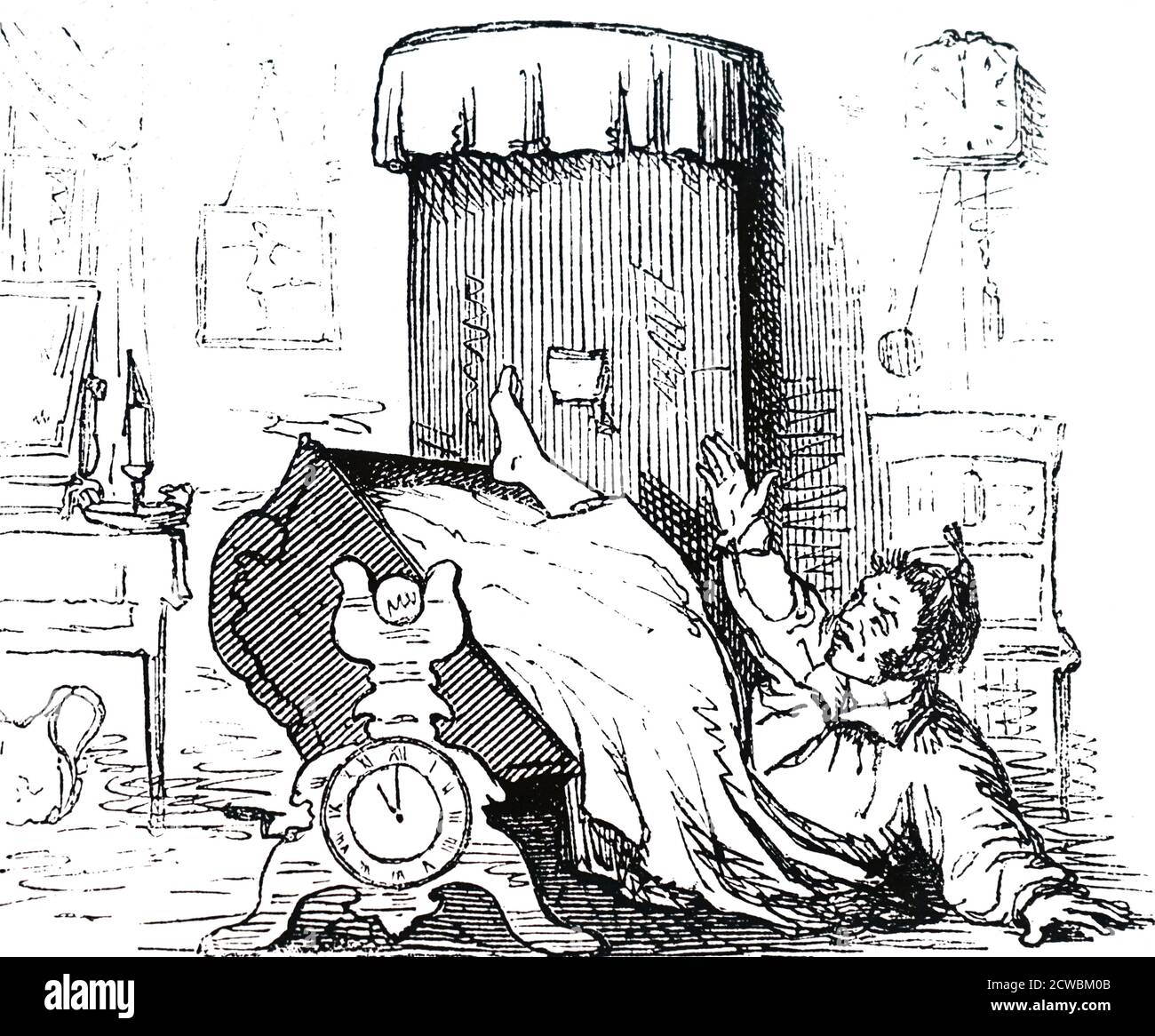 Cartoon raffigurante la concezione della rete di sveglia silenziosa registrata da Theodore Jones esposta alla Grande esposizione. Secondo il Catalogo ufficiale 'il movimento della mano di un orologio comune farà uscire chiunque dal letto a qualsiasi ora quando è attaccato a questo letto' Foto Stock