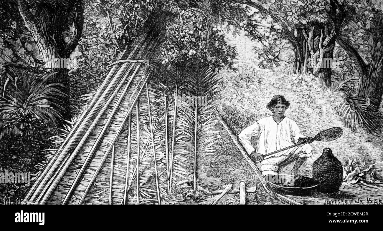 Incisione raffigurante lattice naturale di riscaldamento brasiliano di Hevea brasiliensis in un accampamento forestale. Foto Stock