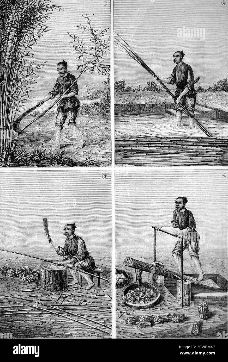 Incisione raffigurante la fabbricazione della carta in Cina: 1) taglio di bambù 2) mettere i pali di bambù a ripido per circa 2 settimane 3) taglio di bambù a vapore in strisce 4) selezione di grappoli di bambù a vapore in un pestello e mortaio. Foto Stock