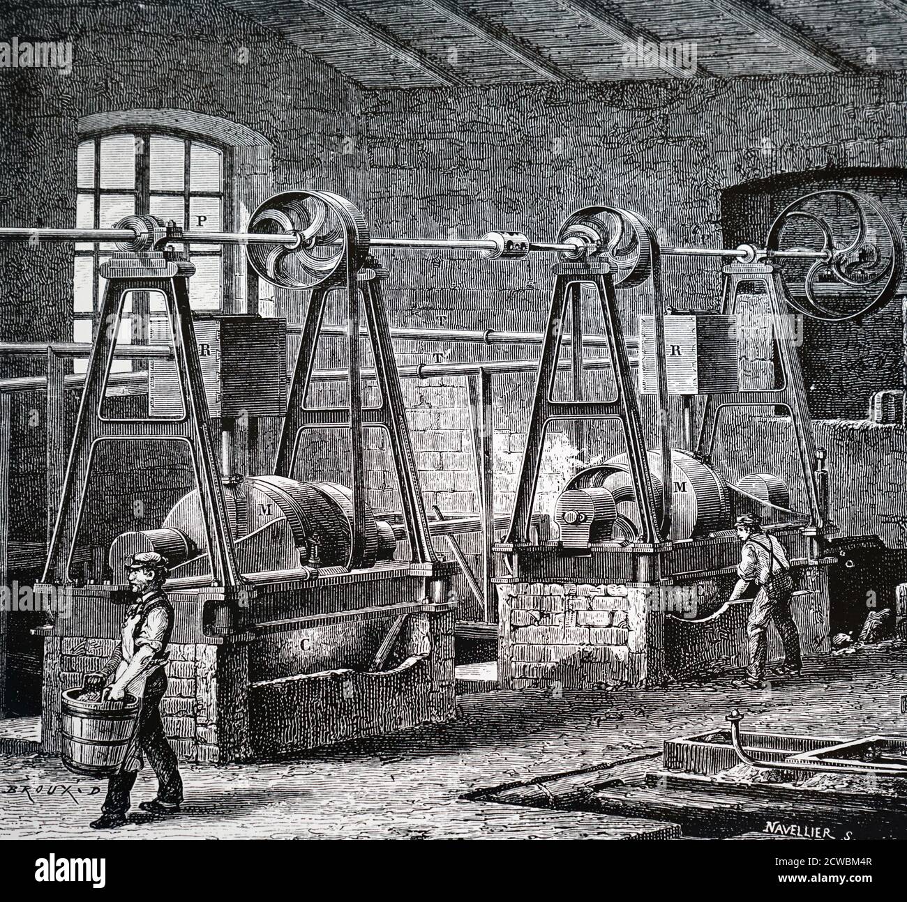 Incisione raffigurante il macchinario di Aristide Berges per la produzione di pasta di legno per produzione di carta Foto Stock