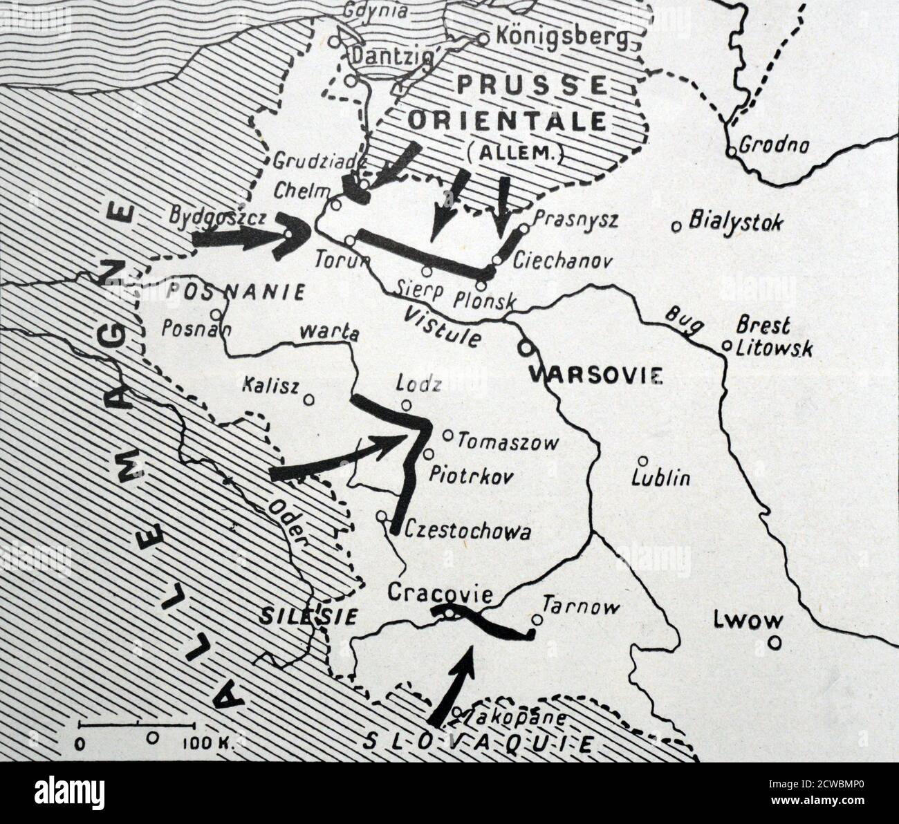 Riproduzione in bianco e nero di una mappa che mostra l'invasione tedesca della Polonia e la marcia verso Varsavia. Foto Stock