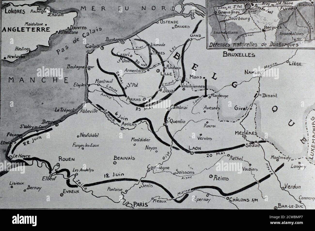 Riproduzione in bianco e nero di una mappa che mostra l'esercito alleato che è stato tagliato in due sezioni dall'esercito tedesco come l'circondario tedesco Dunkerque. Foto Stock