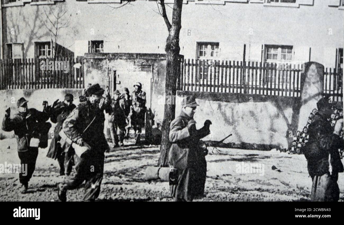 Fotografia in bianco e nero della seconda guerra mondiale (1939-1945) che mostra immagini relative alla Liberazione di Colmar in Francia, che ha avuto luogo il 2 febbraio 1945; i soldati tedeschi presi prigionieri dopo la loro resa sono portati fuori nella strada. Foto Stock