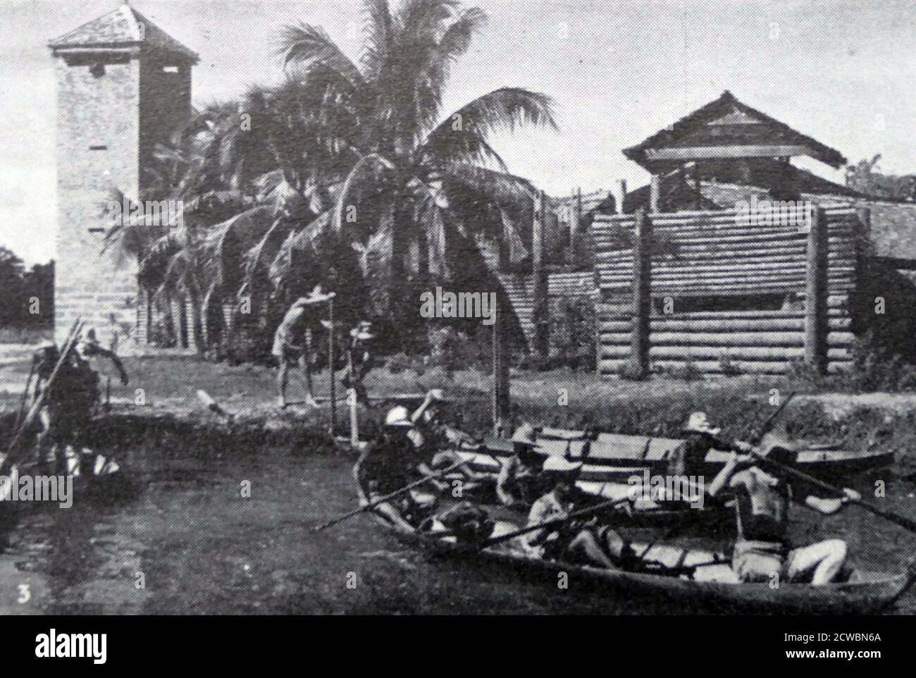 Fotografia in bianco e nero che mostra l'immagine della prima guerra dell'Indocina (1946-1954); una pattuglia dirige il flusso sulle barche indigene. Foto Stock