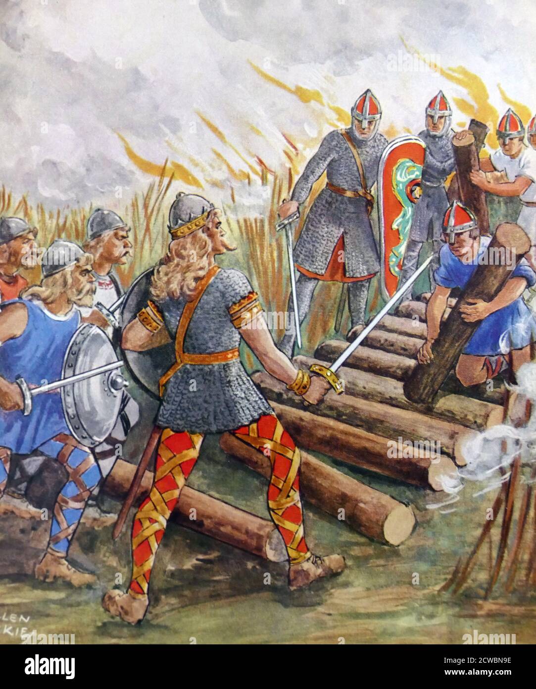 Illustrazione che raffigura la riattivazione di Hereward ((c.. 1035 - c. 1072), un nobile anglosassone e un capo della resistenza locale alla conquista normanna d'Inghilterra. La sua base, quando guidò la ribellione contro i governanti normanni, era l'Isola di Ely nell'Anglia orientale. Foto Stock