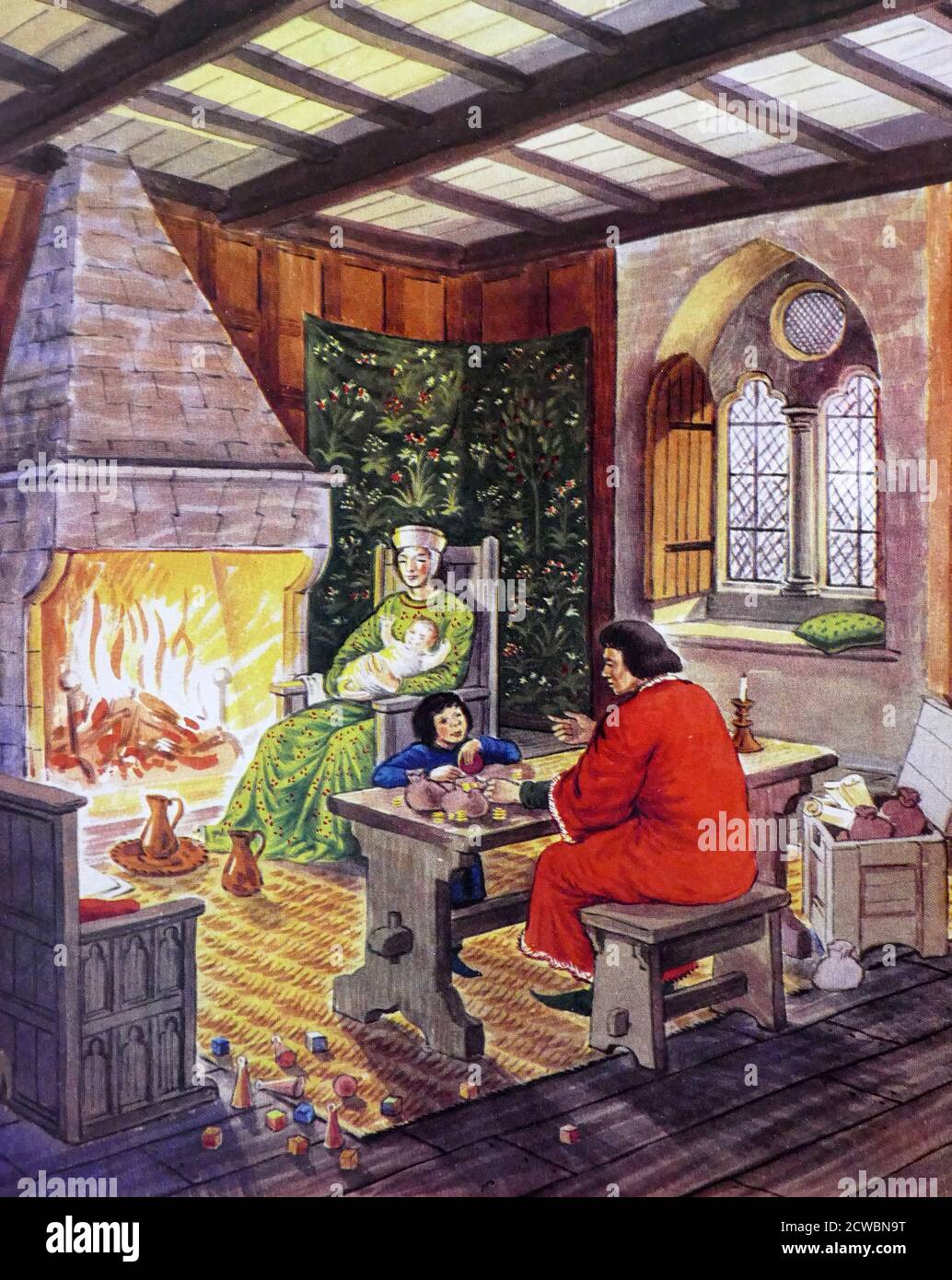 Illustrazione che raffigura l'interno di una ricca casa mercantile, in Inghilterra nel Medioevo Foto Stock