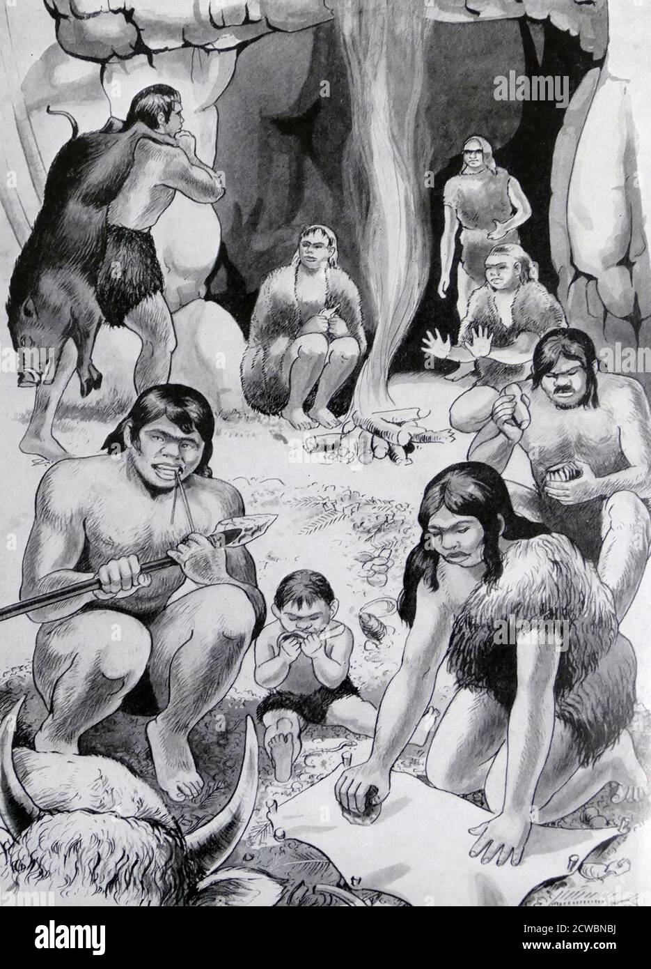 Illustrazione raffigurante una famiglia di cacciatori dell'età della pietra in una grotta. L'età della pietra era un ampio periodo preistorico durante il quale la pietra era ampiamente usata per fare gli attrezzi con un bordo, un punto, o una superficie di percussione. Il periodo durò circa 3.4 milioni di anni e terminò tra il 8700 e il 2000 a.C. con l'avvento della lavorazione dei metalli Foto Stock