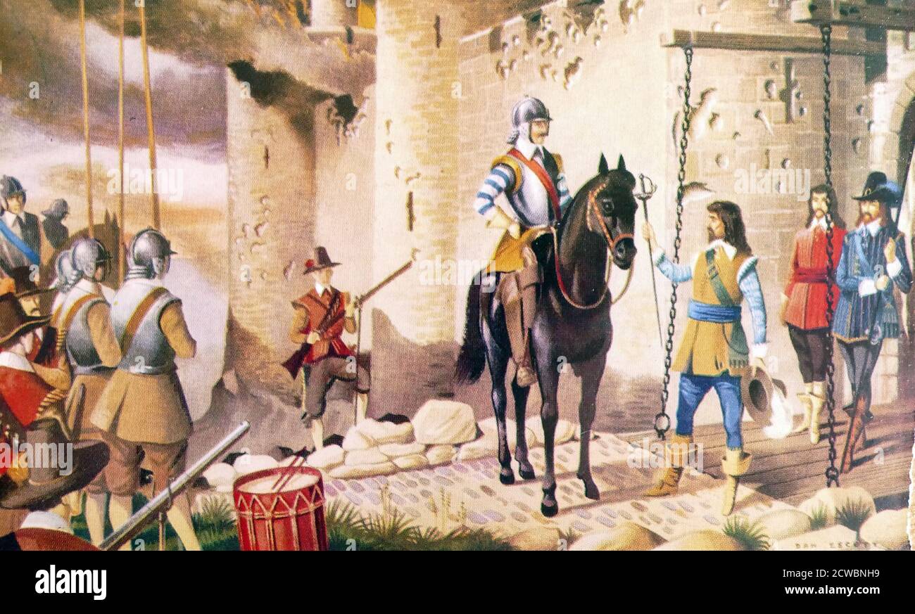 Illustrazione che mostra i cavalieri che si arrendono a Roundheads durante la guerra civile inglese. Circa 1648 Foto Stock