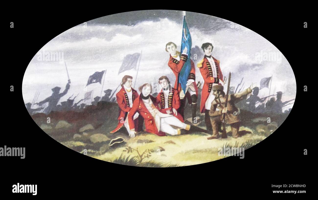 Illustrazione che mostra la morte del generale James Wolfe (1727 - 1759); ufficiale dell'esercito britannico conosciuto per le sue riforme di addestramento e ricordato principalmente per la sua vittoria in 1759 sopra i francesi alla battaglia delle pianure di Abraham in Québec. Wolfe è stato ucciso al culmine della battaglia delle pianure di Abramo a causa di ferite da tre palle di musket. Foto Stock