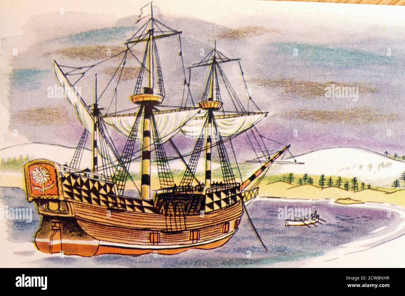 Illustrazione che mostra la Mayflower, una nave inglese che trasportò i primi puritani inglesi, oggi conosciuti come pellegrini, da Plymouth, Inghilterra al nuovo mondo nel 1620. Ci sono stati 102 passeggeri, e l'equipaggio è stimato essere circa 30, ma il numero esatto è sconosciuto.[2] la nave è diventata un'icona culturale nella storia degli Stati Uniti. I pellegrini firmarono il Mayflower Compact prima di lasciare la nave e stabilire la colonia di Plymouth, un documento che stabilì una forma rudimentale di democrazia con ogni membro che contribuì al benessere della comunità Foto Stock