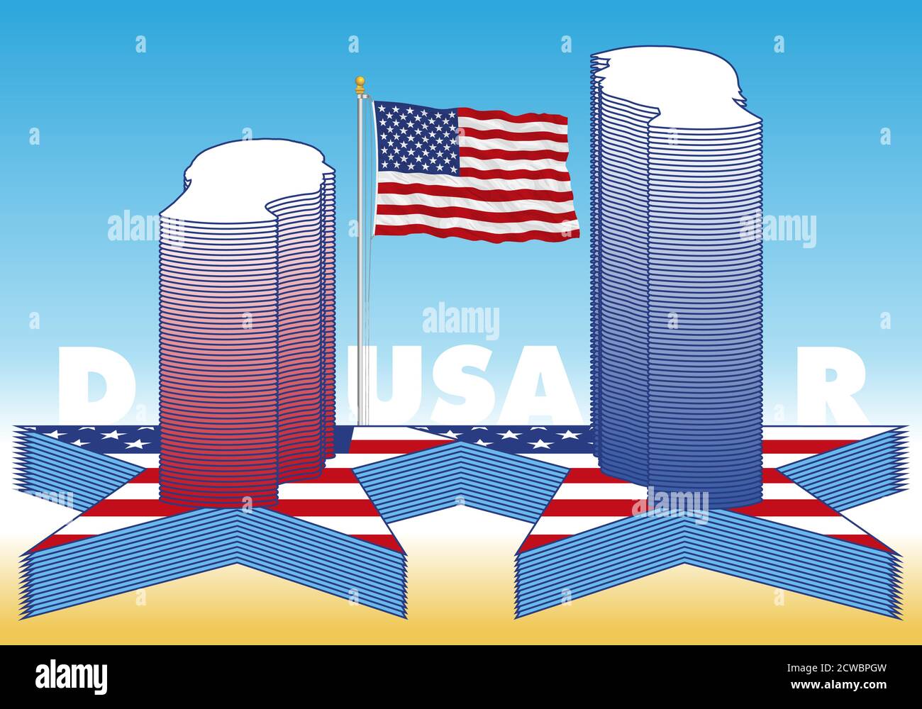 Esempio di grafico di voto presidenziale con immagine della silhouette verticale dei candidati con bandiera statunitense, immagine vettoriale Illustrazione Vettoriale