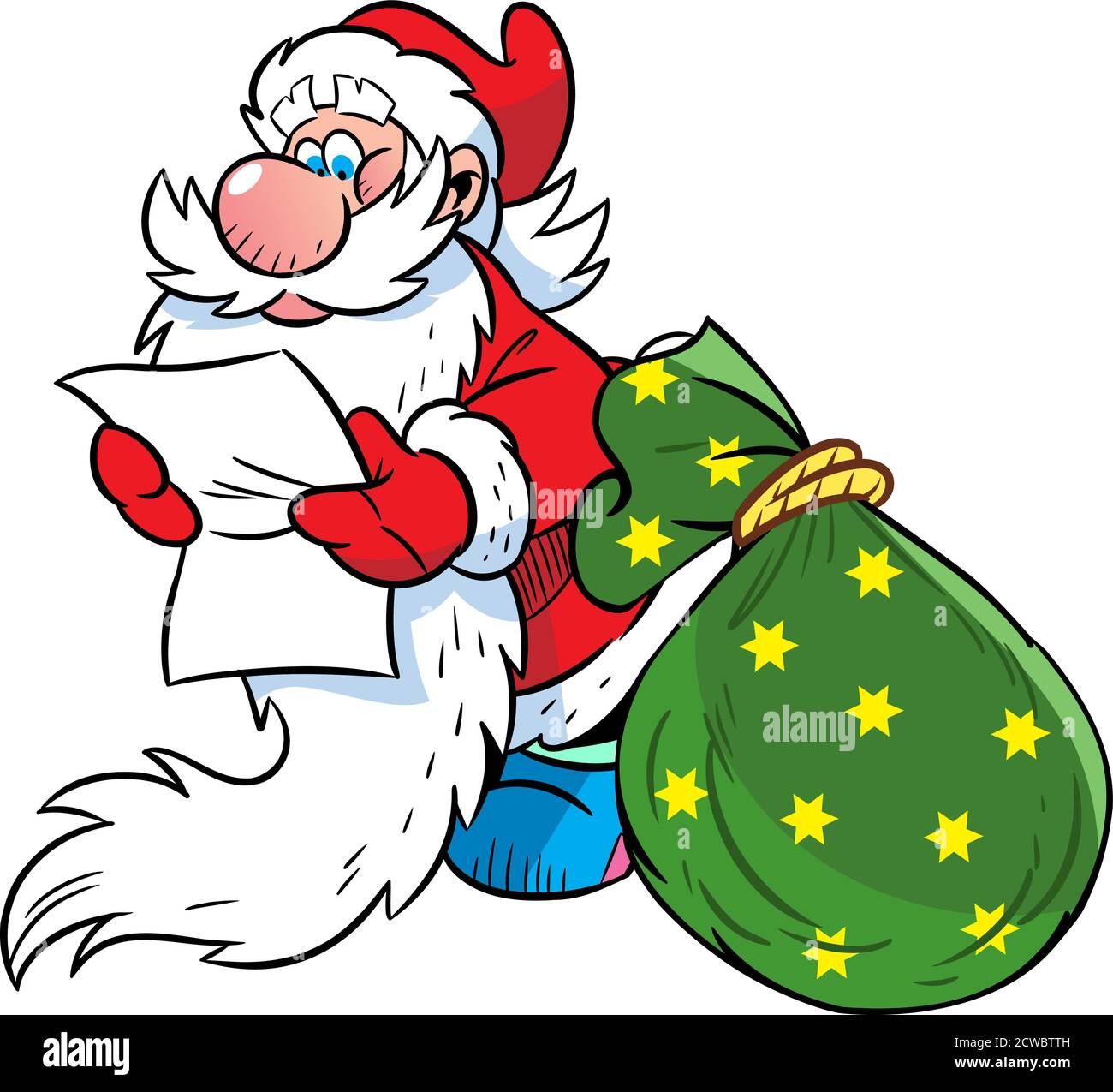 L'illustrazione vettoriale mostra Babbo Natale, che legge una lettera, accanto a lui un sacco con regali di Natale Illustrazione Vettoriale