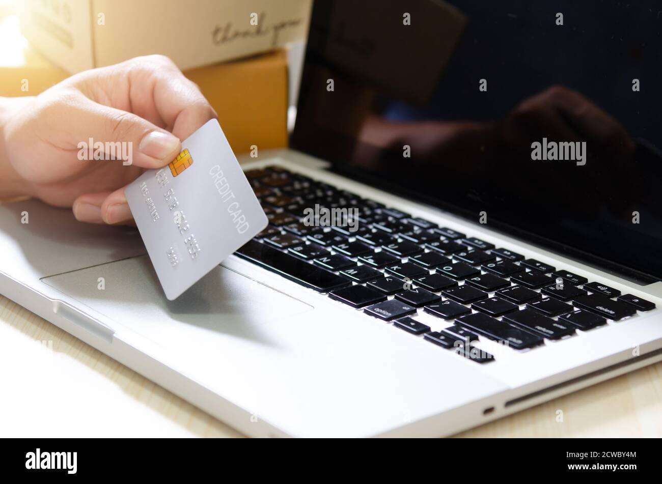 Mani che tengono le carte di credito sul computer laptop.Online shopping, business marketing tramite il sistema di pagamento elettronico Foto Stock