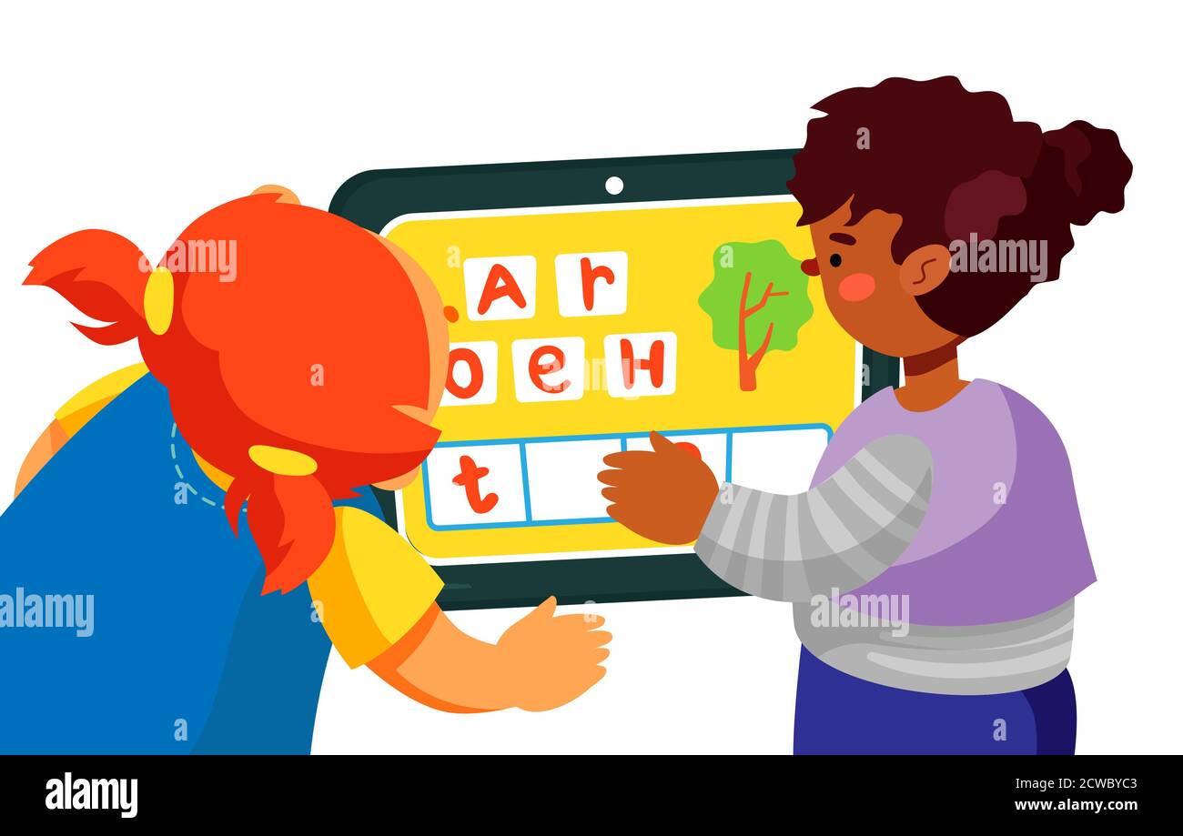 Bambini che giocano imparando gioco - disegno piatto colorato stile illustrazione Illustrazione Vettoriale