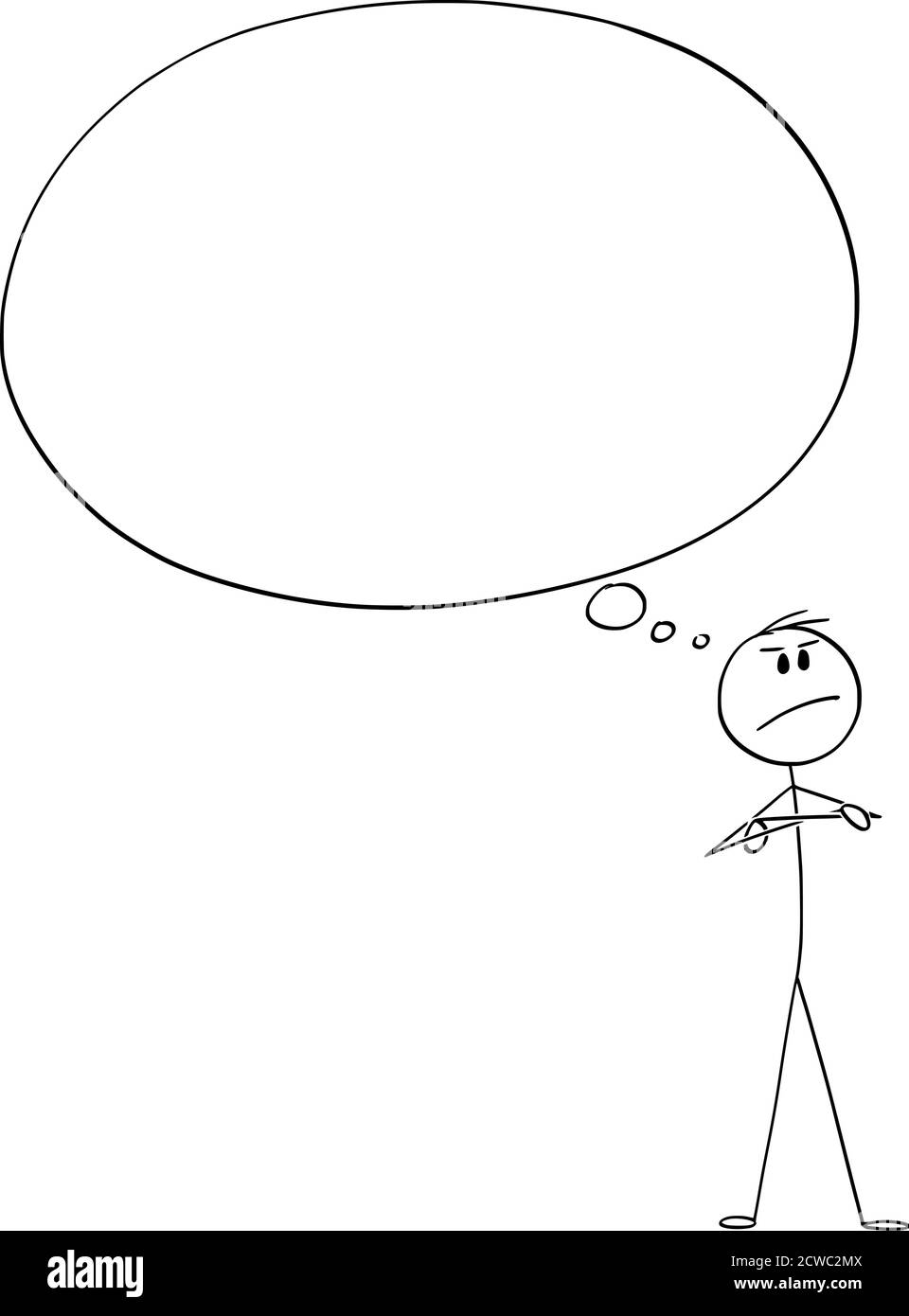 Grafico del cartoon vettoriale disegno illustrazione concettuale di uomo sicuro arrabbiato o uomo d'affari che pensa a qualcosa con enorme o grande bolla di pensiero vuota o palloncino. Illustrazione Vettoriale